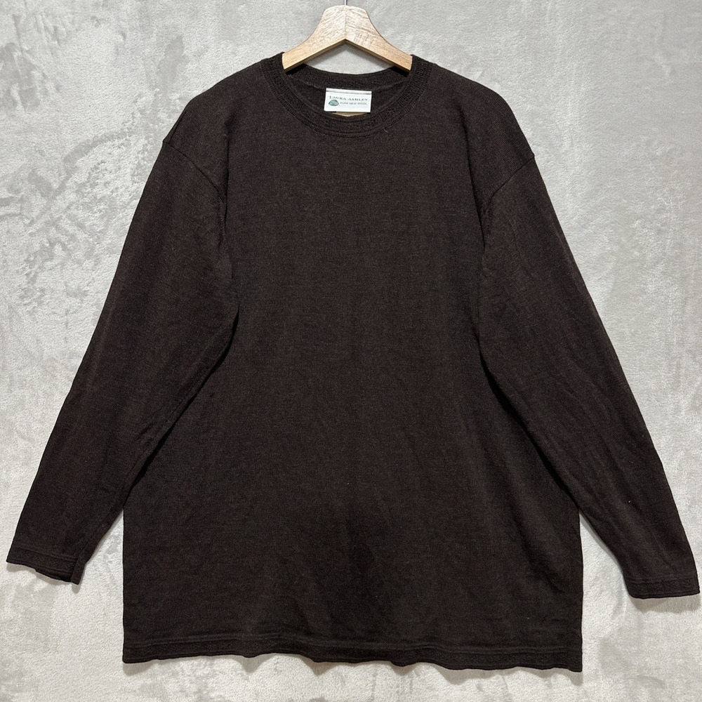 Vintage‎ Laura Ashley UK Washable Pure New Wool XL Brown Sweater Eyelet Trim